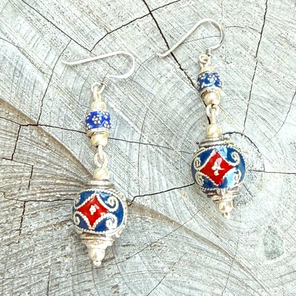 Vintage Sterling Cloisonne dangle Earrings - Picture 3 of 12